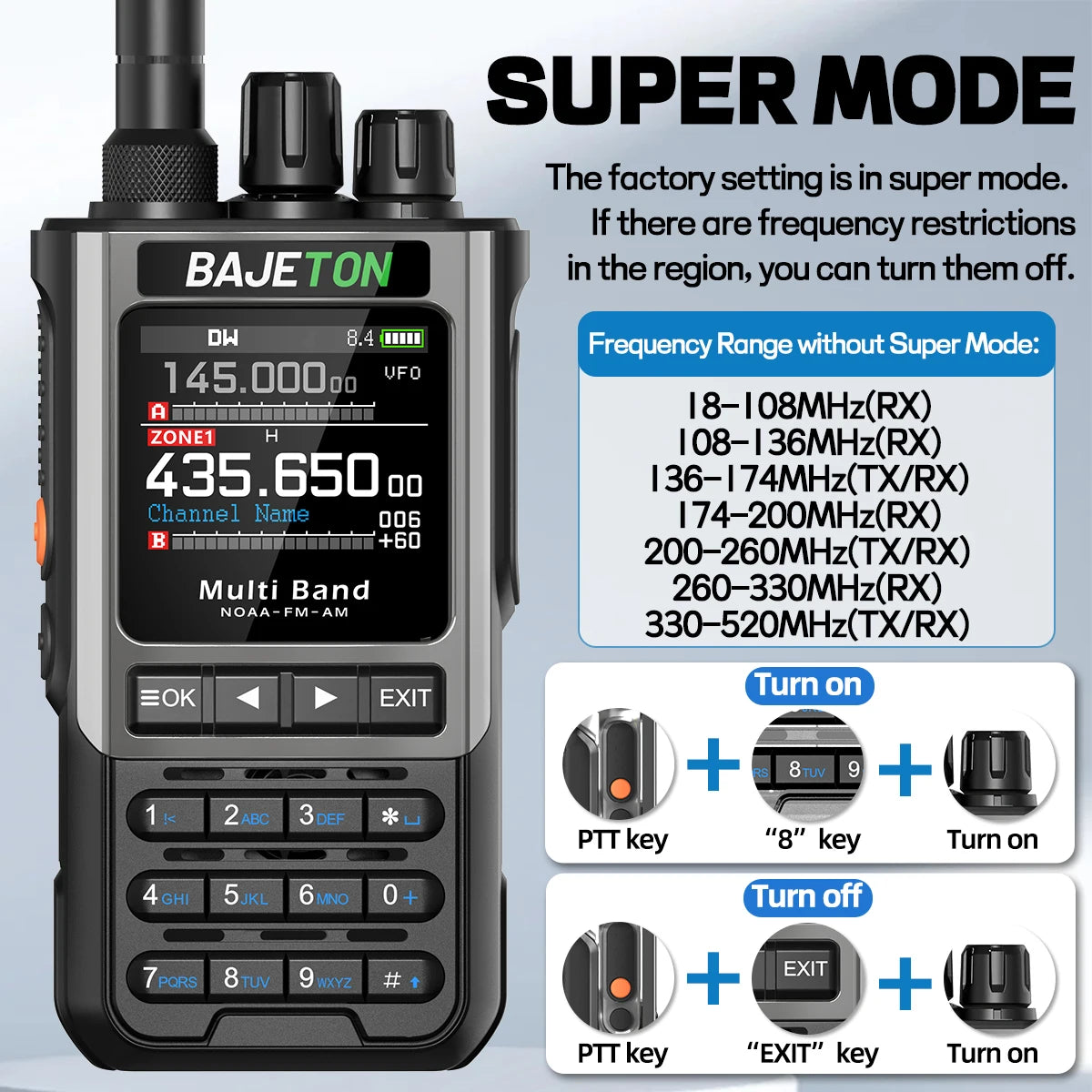 Bajetron walkie talkie with frequency display and mode settings on a light gray background