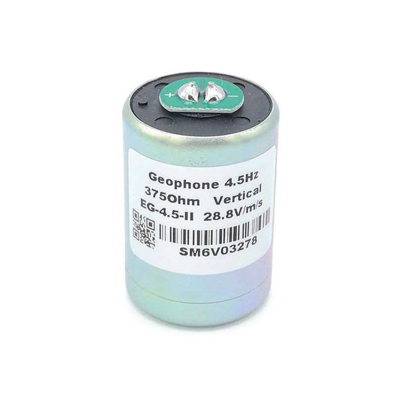 A cylindrical geophone electronic component with a white label showing technical specifications, set against a plain white background.