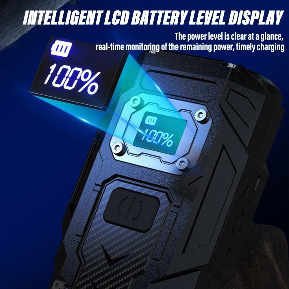 Power bank with intelligent LCD battery level display showing 100% charge.