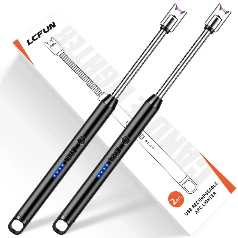 Two black extendable sticks with a USB rechargeable arc lighter on a white background