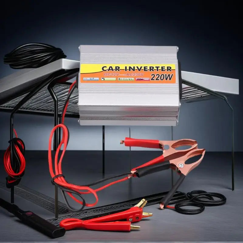 Inverter 220W 12V to 220V – Portable Car & Solar Power Converter with USB & Battery Clips