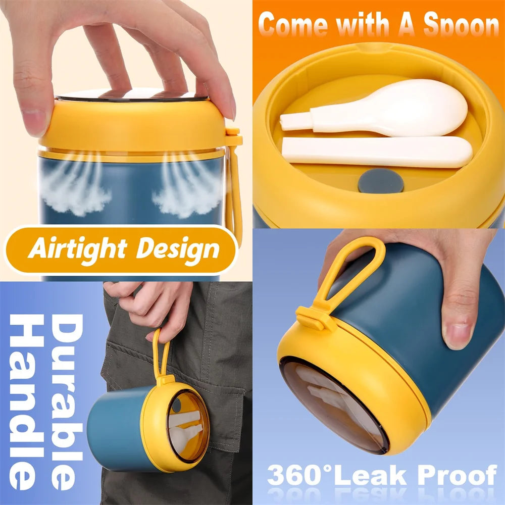 Collage of a food container with a spoon, highlighting features like airtight design, durable handle, and 360-degree leak proof.