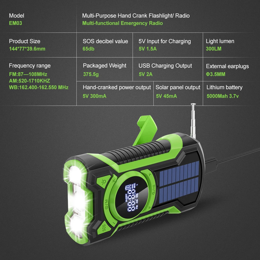 Solar Hand Crank Emergency Radio – 5000mAh Power Bank, AM/FM/NOAA, Bluetooth, LCD Display