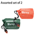 Two emergency bivvies, one green and one orange, with text on a white background.
