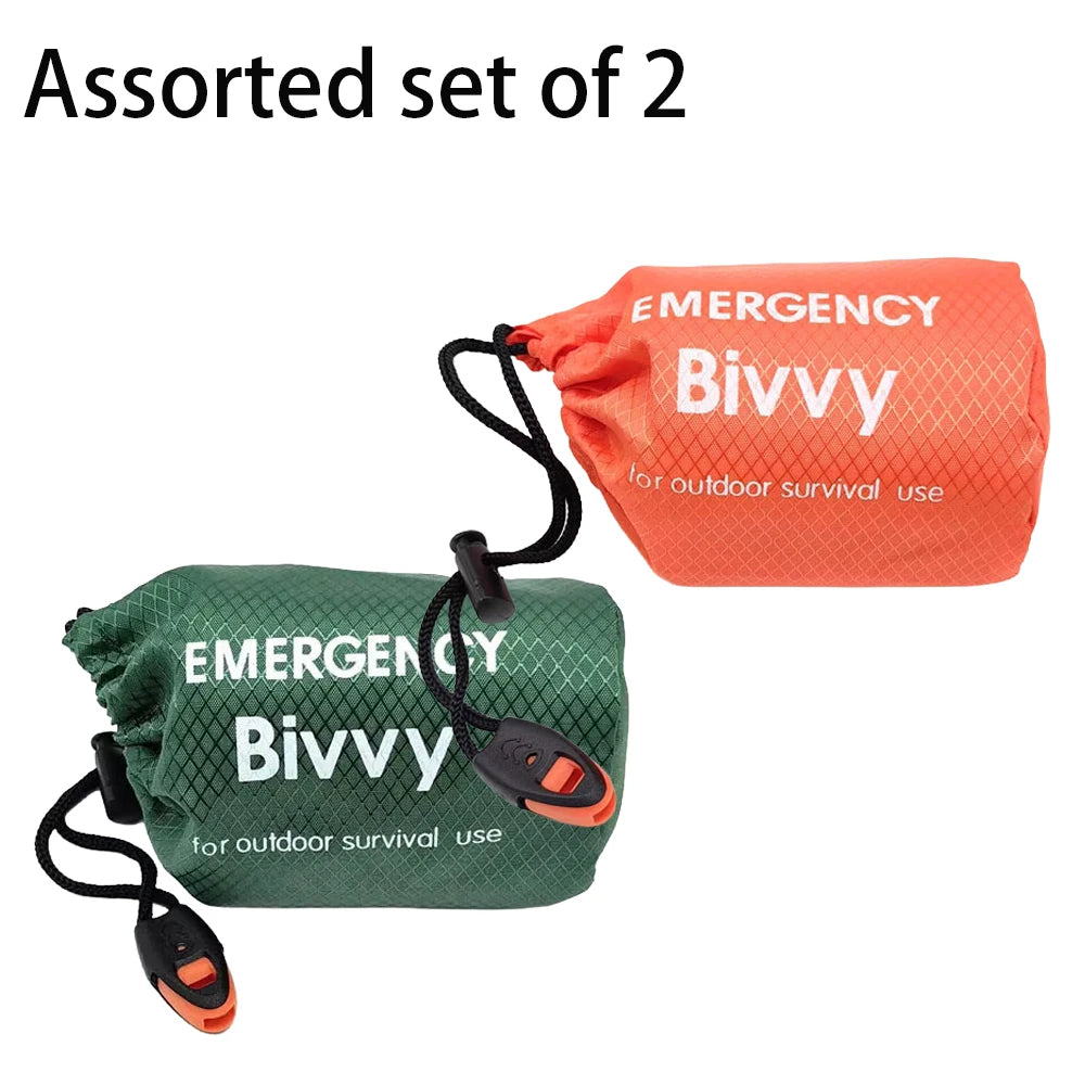 Two emergency bivvies, one green and one orange, with text on a white background.