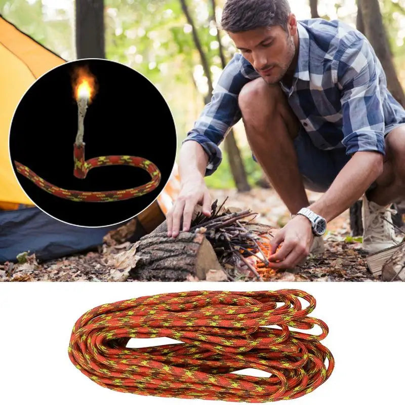 A coiled red and yellow fire starter cord shown at the bottom, with a circular inset of a lit match and a man camping outdoors lighting a fire above.