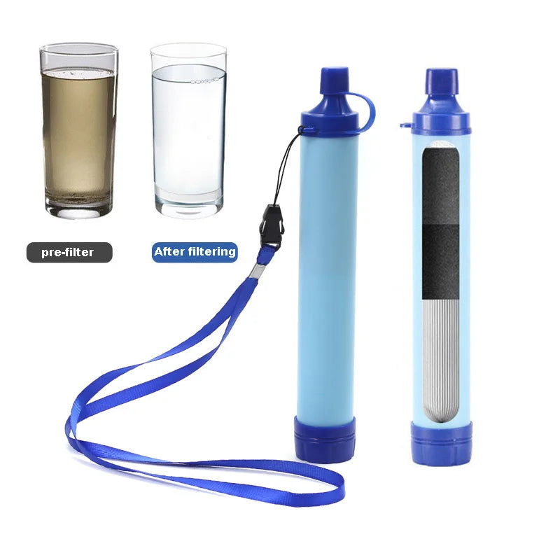 Blue water filter with lanyard and before-after comparison of water clarity on a white background