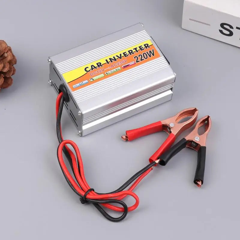 Inverter 220W 12V to 220V – Portable Car & Solar Power Converter with USB & Battery Clips