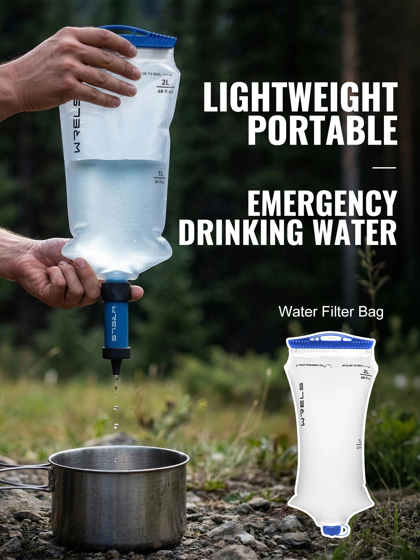 A portable water filter bag being held by hands outdoors, with water dripping into a metal pot. Large text reads 'LIGHTWEIGHT PORTABLE EMERGENCY DRINKING WATER' and 'Water Filter Bag,' with a smaller product rendering shown at lower right.