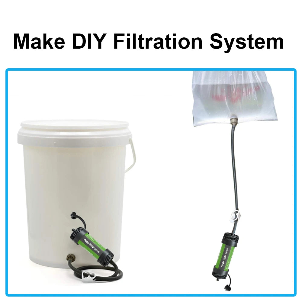 DIY filtration system with a bucket, pump, and bag on a white background