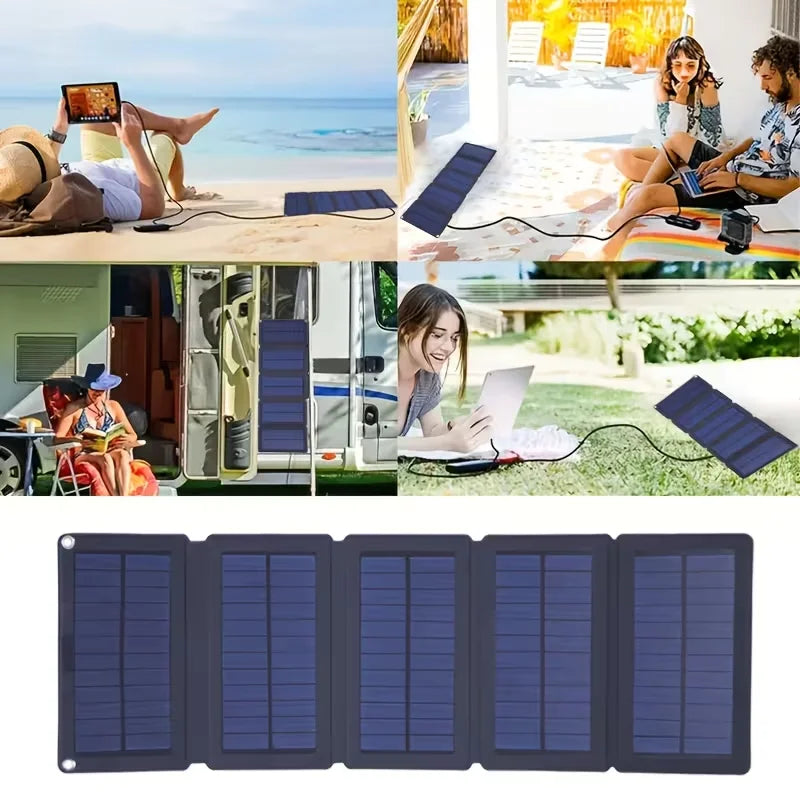 A collage showing a portable foldable solar panel being used in beach, poolside, RV, and outdoor settings, with a large clean product view of the folded solar panel at the bottom.