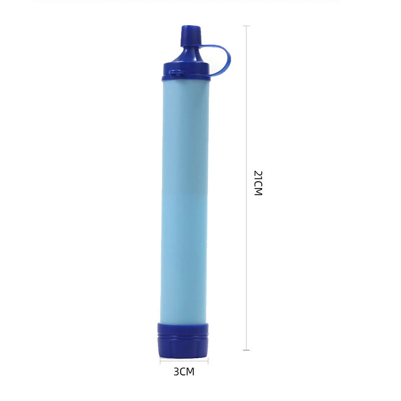 Blue water filter with measurements on a white background