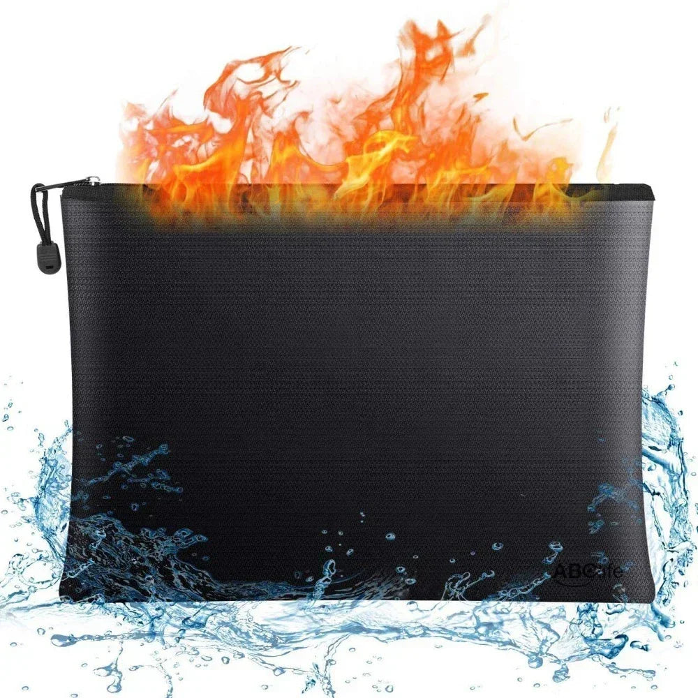 Black pouch with fire and water graphics on a white background