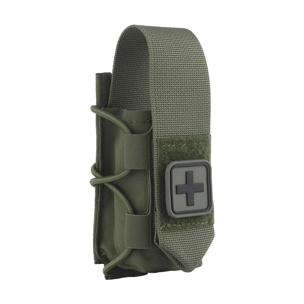 Green tactical pouch with a cross patch on a white background