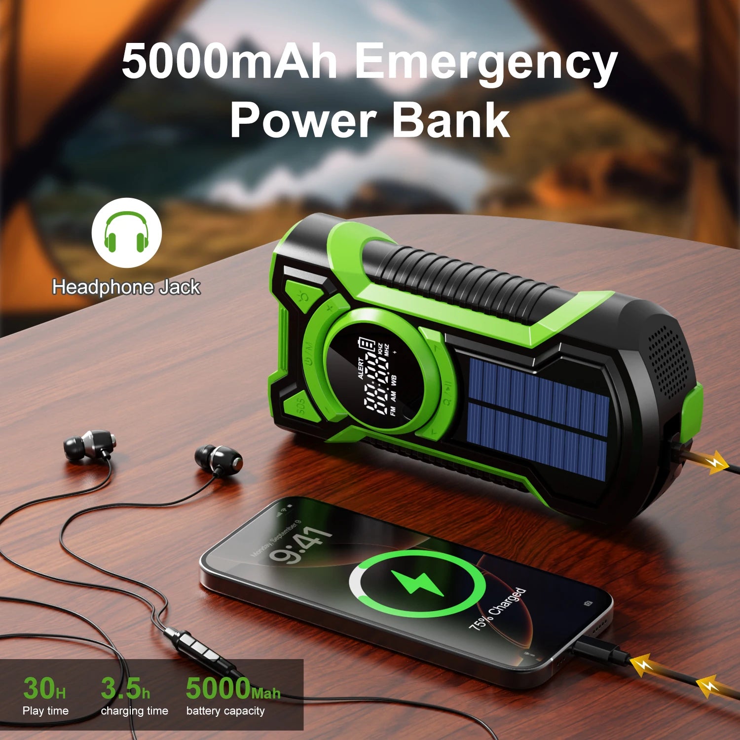 Solar Hand Crank Emergency Radio – 5000mAh Power Bank, AM/FM/NOAA, Bluetooth, LCD Display