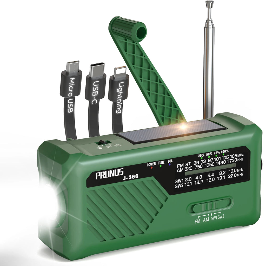 Green portable radio with USB charging ports on a white background