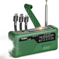 Green portable radio with USB charging ports on a white background