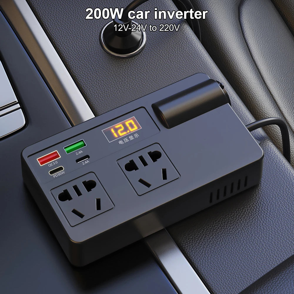 Inverter 12V to 220V 220W – Portable Car Power Adapter with AC Outlet & Multi-Protection