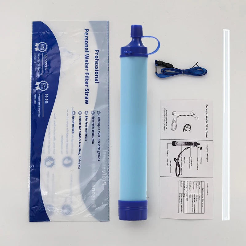Blue personal water filter straw with packaging and instructions on a white background