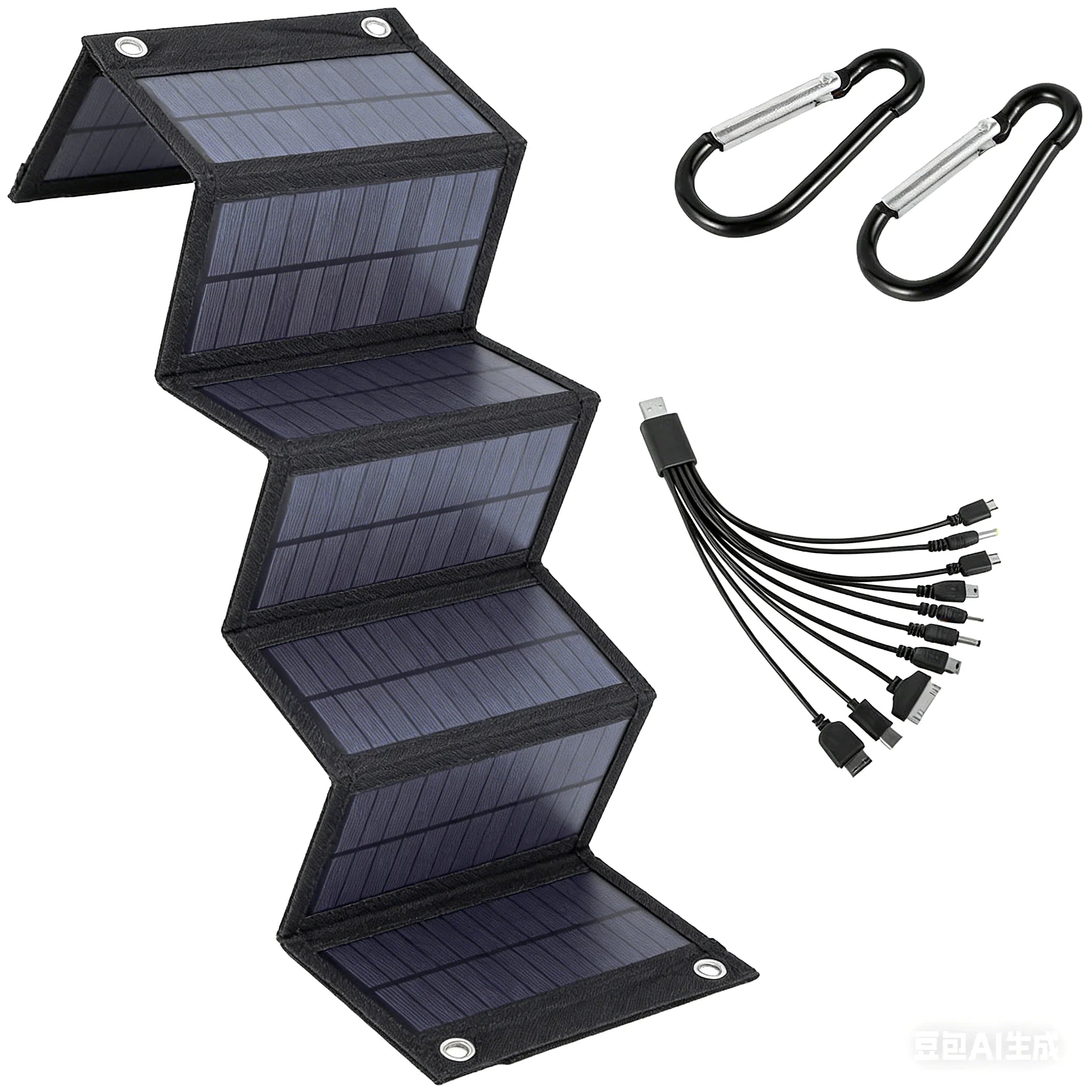 Foldable solar panel with USB cable and carabiners on a white background