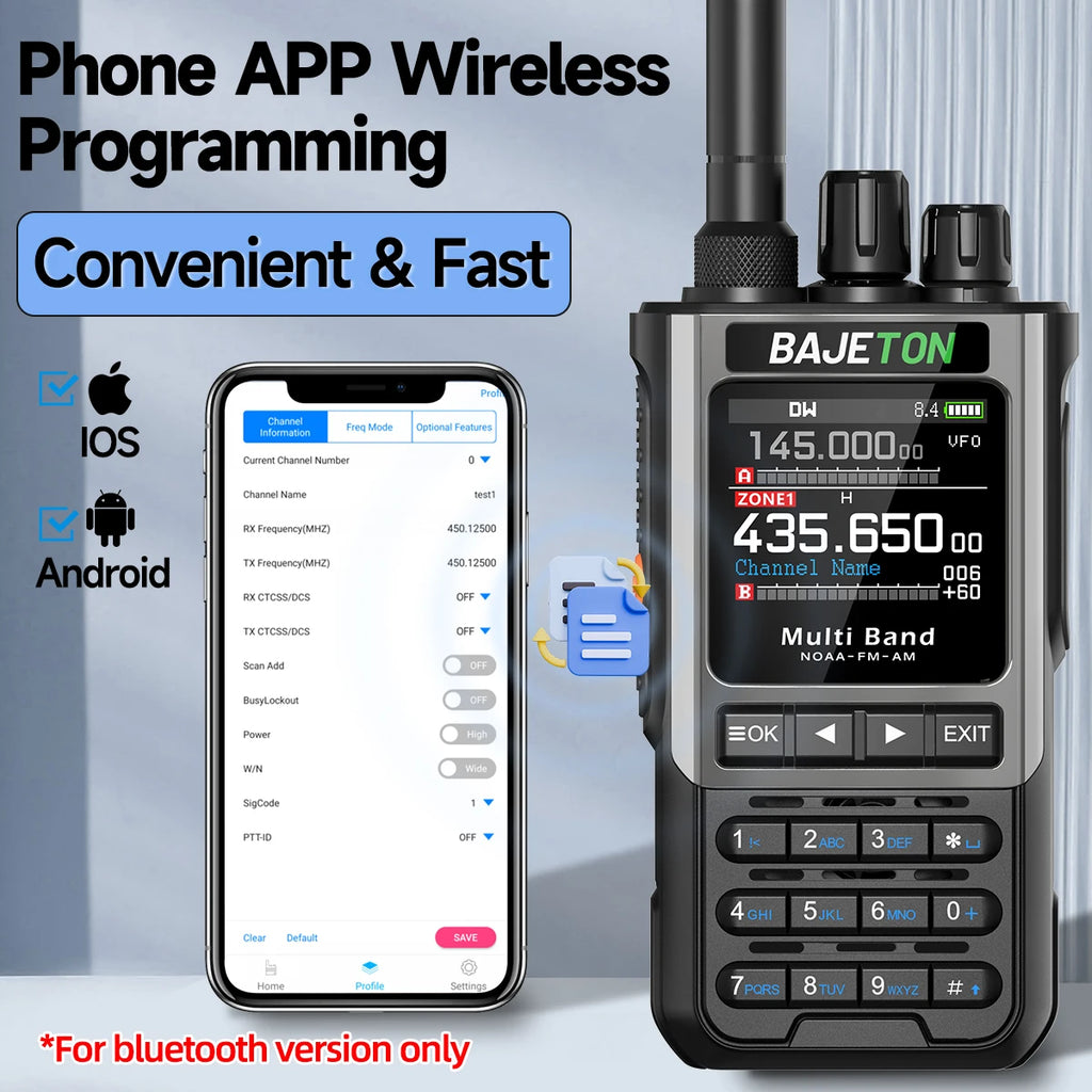 Bajeton radio with smartphone app for wireless programming on a light blue background