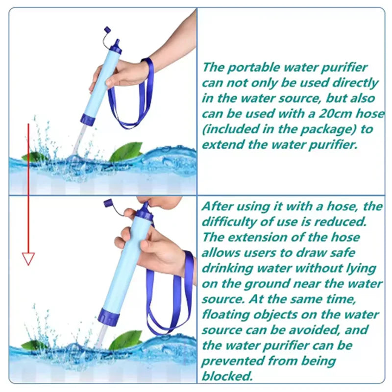 Portable water purifier being used with text explaining its features.