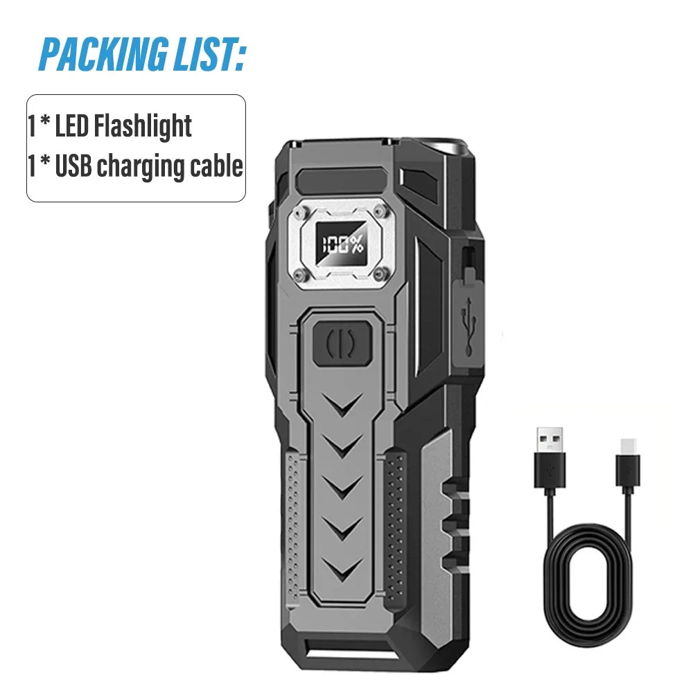 Power bank with LED flashlight and USB charging cable on a white background
