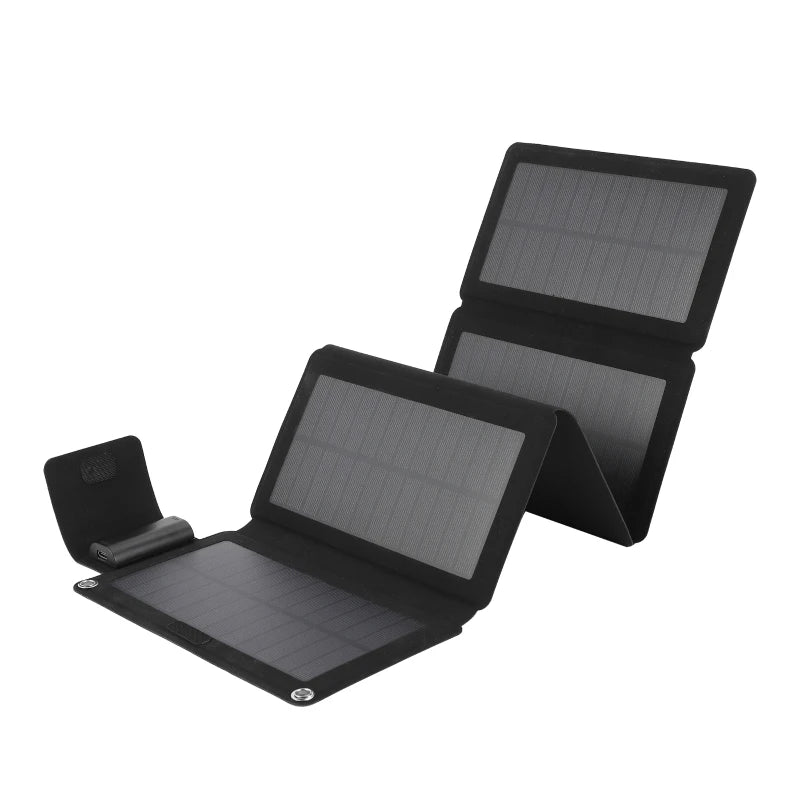 Two black portable solar panels on a white background