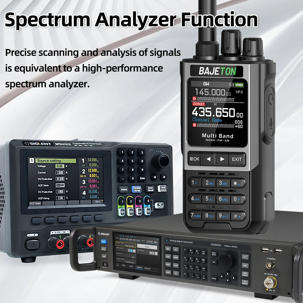 Spectrum analyzer with digital display and control buttons on a white background
