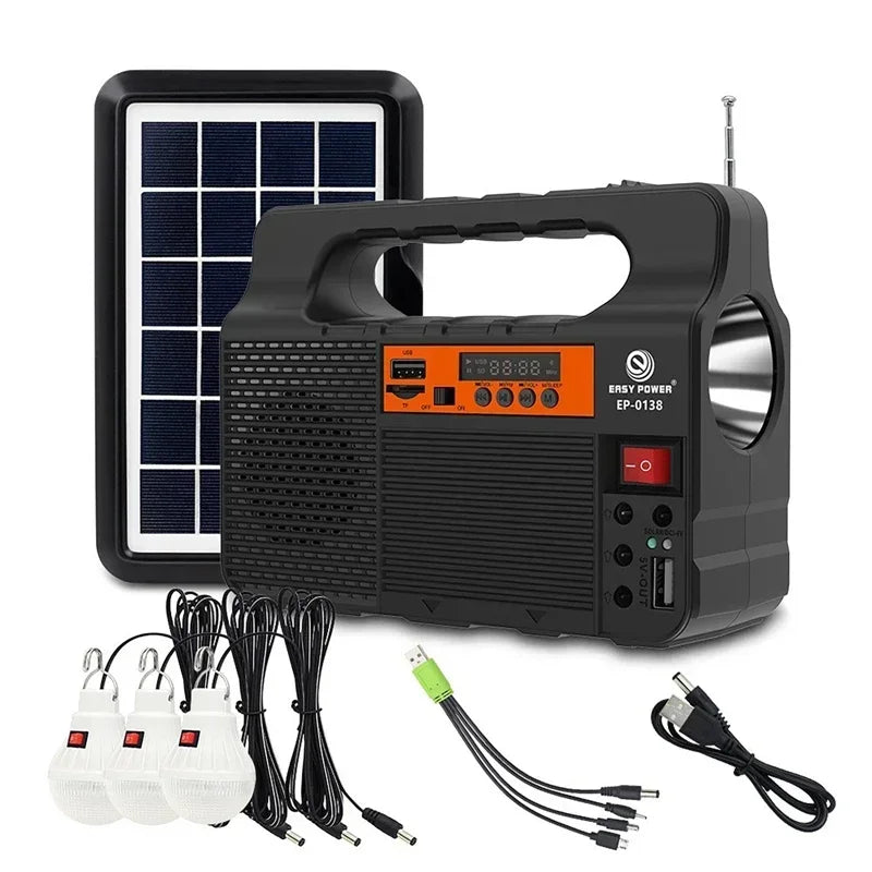 Solar Generator Lighting Kit with Solar Panel, 3 LED Bulbs, FM Radio & Bluetooth Speaker.
