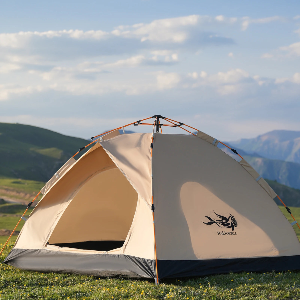 Beige camping tent with a logo on a grassy field with mountains in the background