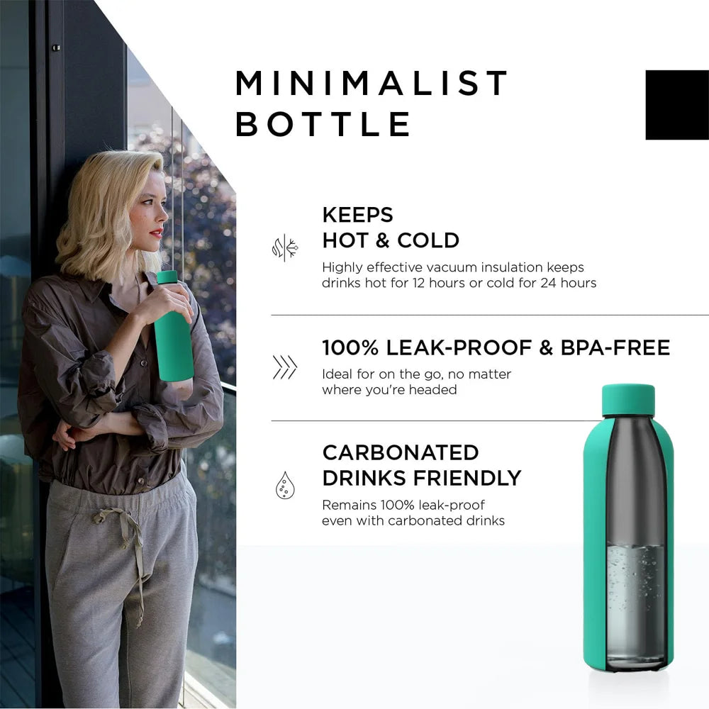 Person holding a green and black insulated bottle with product features listed on the right.