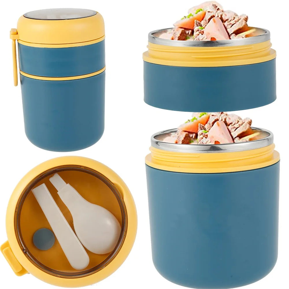 Blue and yellow insulated food containers with food and utensils inside