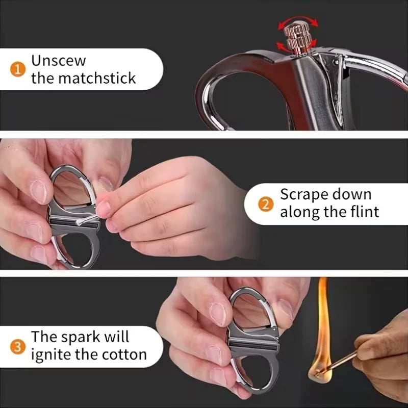 Three-panel instructional graphic showing how to use a metal match-striker tool: unscrew the matchstick, scrape down the flint, and the spark igniting cotton with a matchstick.