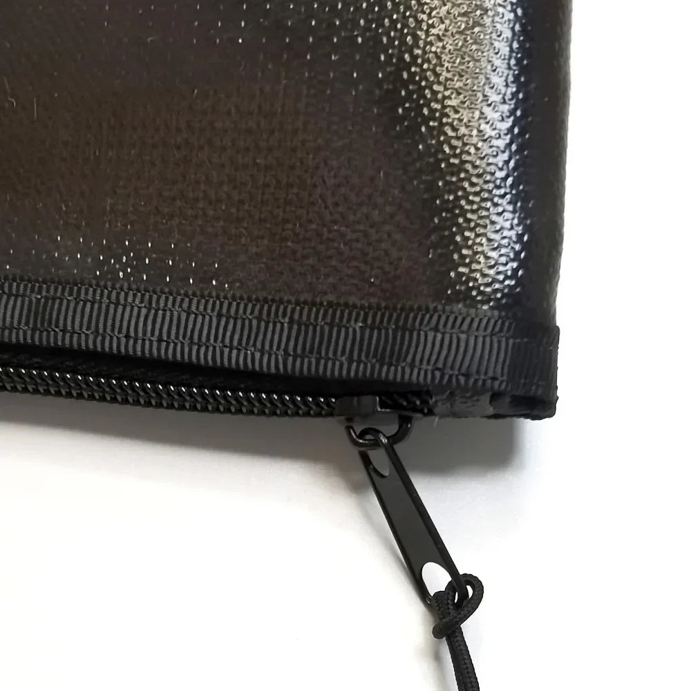 Close-up of a black zippered pouch on a white background
