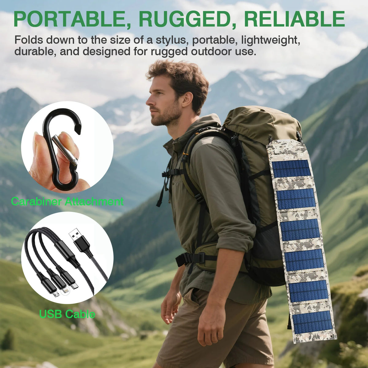 A man hiking in a mountainous outdoor setting carries a large olive green backpack with a folded blue solar panel attached to the side. Two circular inset graphics show the black carabiner attachment and the USB cable.