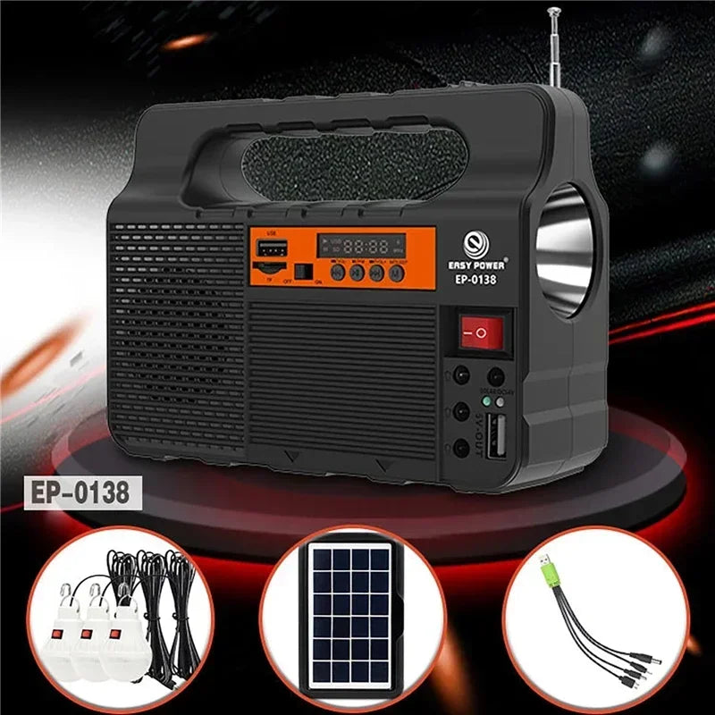 Solar Generator Lighting Kit with Solar Panel, 3 LED Bulbs, FM Radio & Bluetooth Speaker.