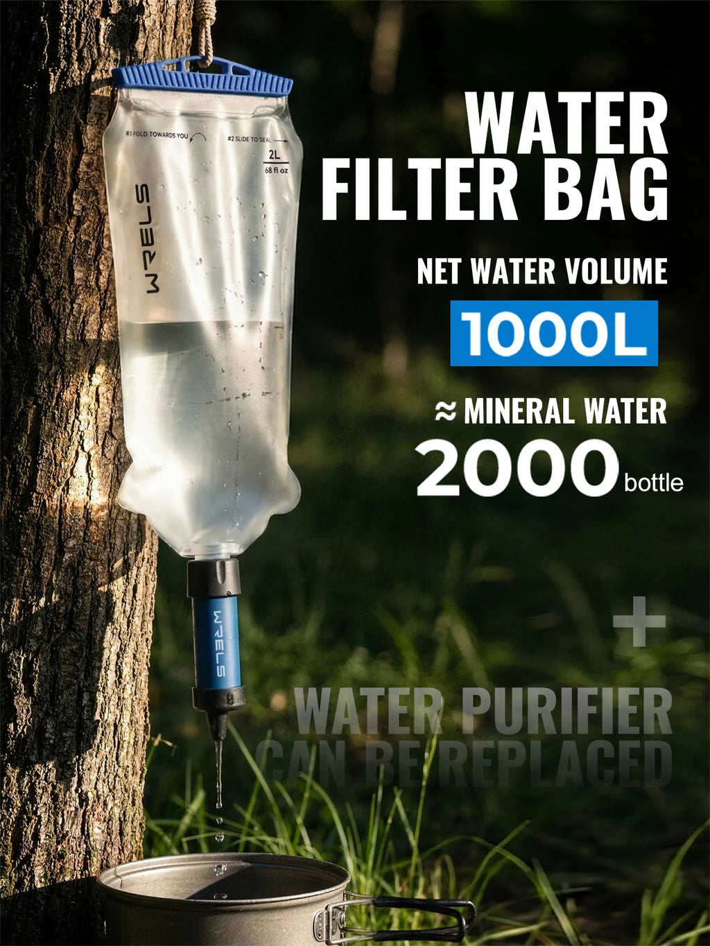 A clear reusable water filter bag with blue caps and a black filter cartridge hanging from a tree outdoors, with large text overlays reading 'WATER FILTER BAG', 'NET WATER VOLUME 1000L', '≈ MINERAL WATER 2000 bottle', and 'WATER PURIFIER CAN BE REPLACED'.