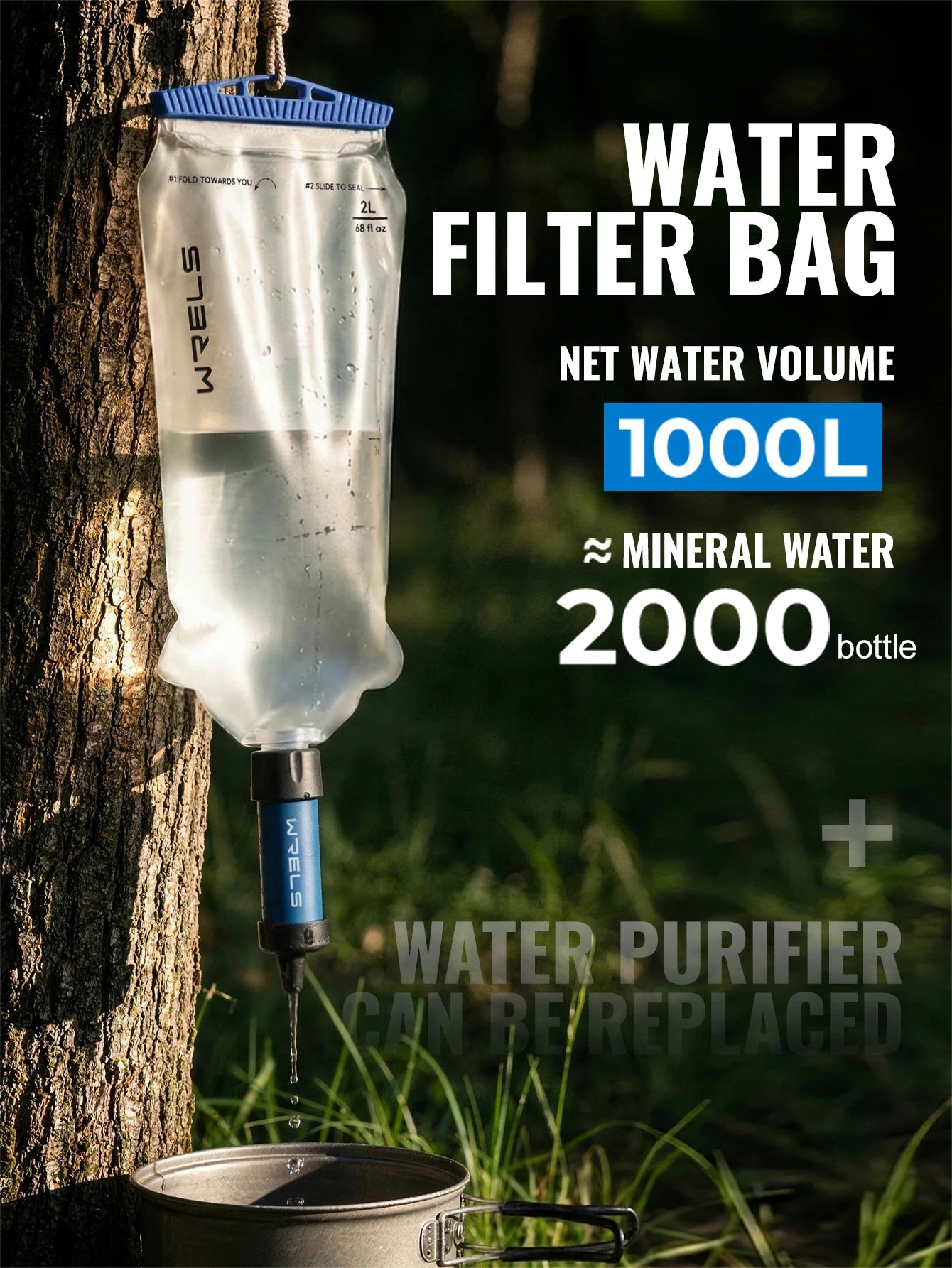 A clear reusable water filter bag with blue caps and a black filter cartridge hanging from a tree outdoors, with large text overlays reading 'WATER FILTER BAG', 'NET WATER VOLUME 1000L', '≈ MINERAL WATER 2000 bottle', and 'WATER PURIFIER CAN BE REPLACED'.