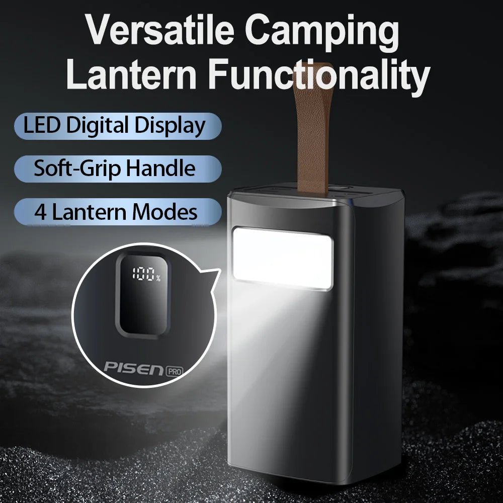 Camping lantern with LED digital display and soft-grip handle on a dark background