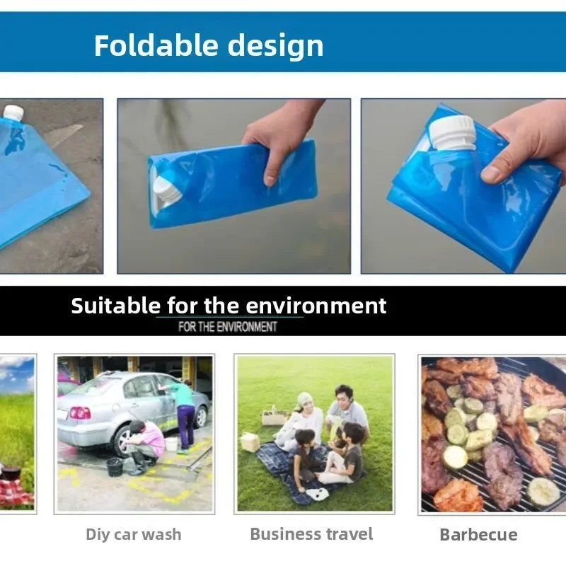 A foldable blue reusable water bottle pouch shown in a collage with text reading 'Foldable design' and 'Suitable for the environment,' plus small usage examples including car wash, business travel, and barbecue.