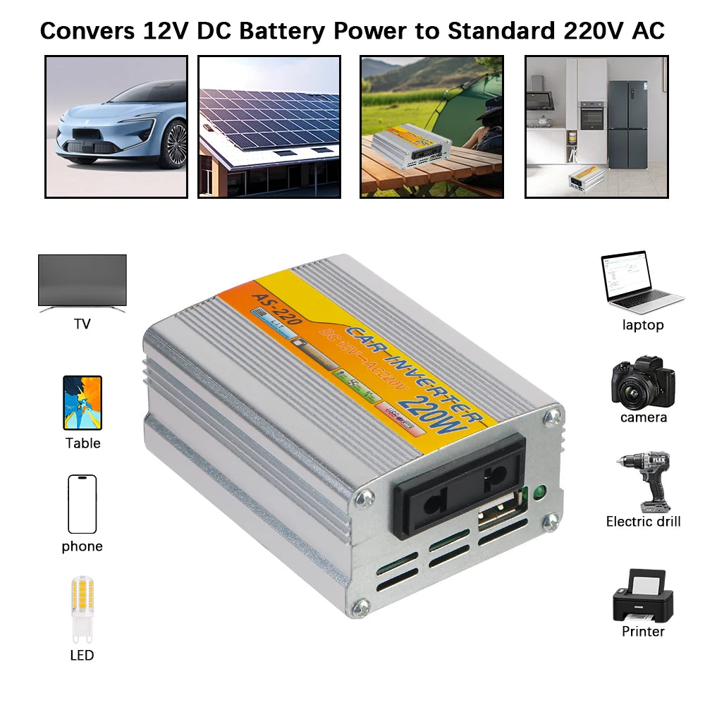 Inverter 12V to 220V 220W – Portable Car Power Adapter with AC Outlet & Multi-Protection