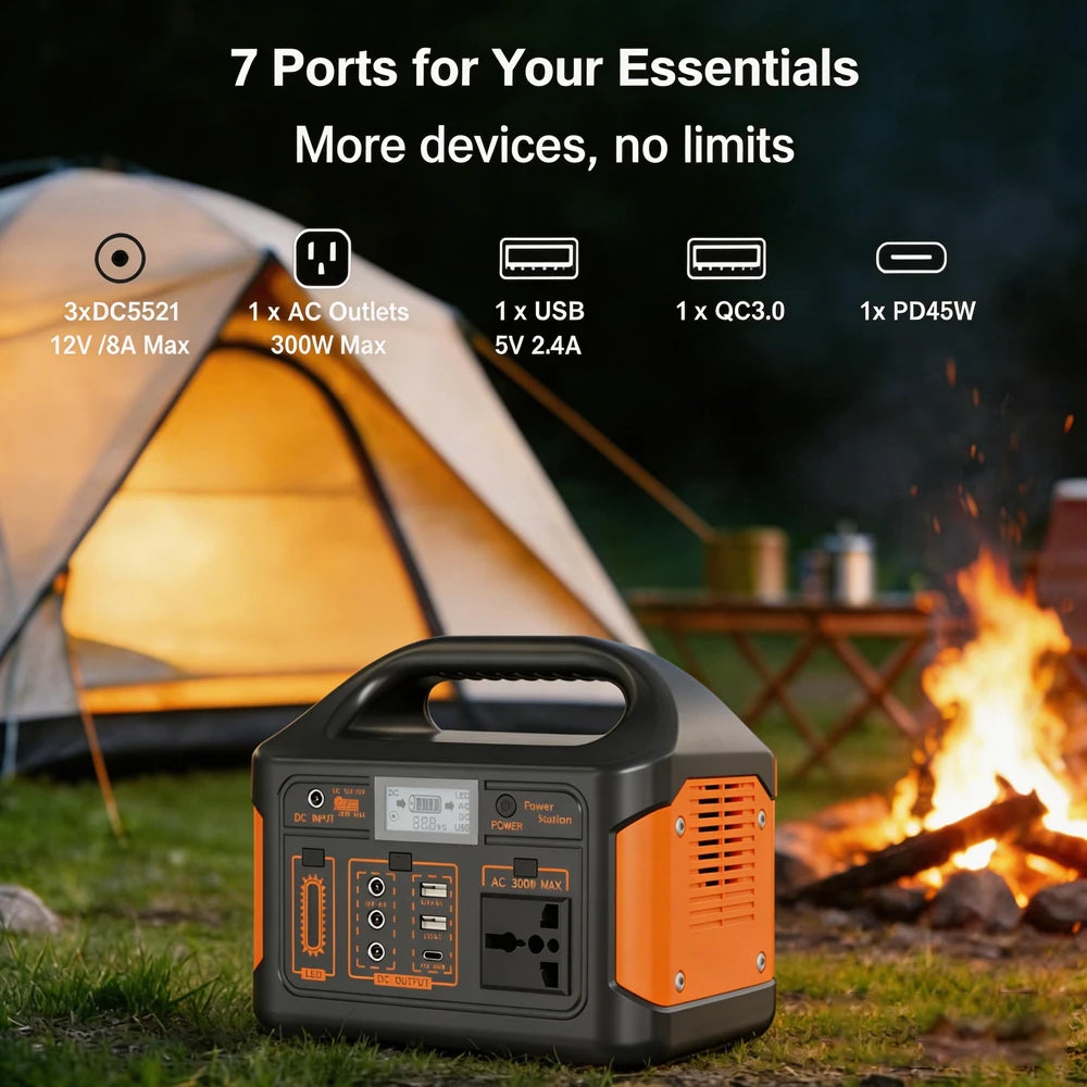 Portable power station with multiple ports in front of a camping scene with a tent and campfire.