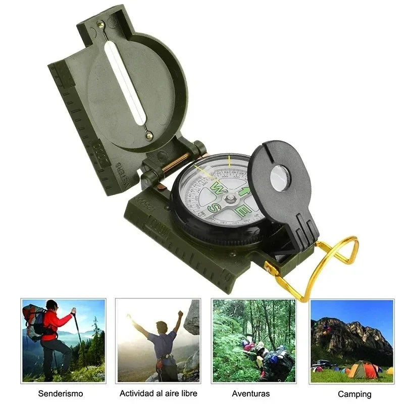 Green compass with clip on a white background, surrounded by small images of outdoor activities.