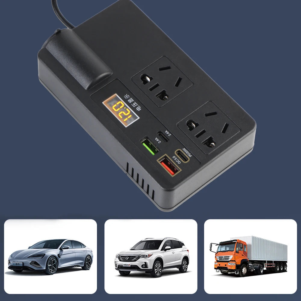 Inverter 12V to 220V 220W – Portable Car Power Adapter with AC Outlet & Multi-Protection