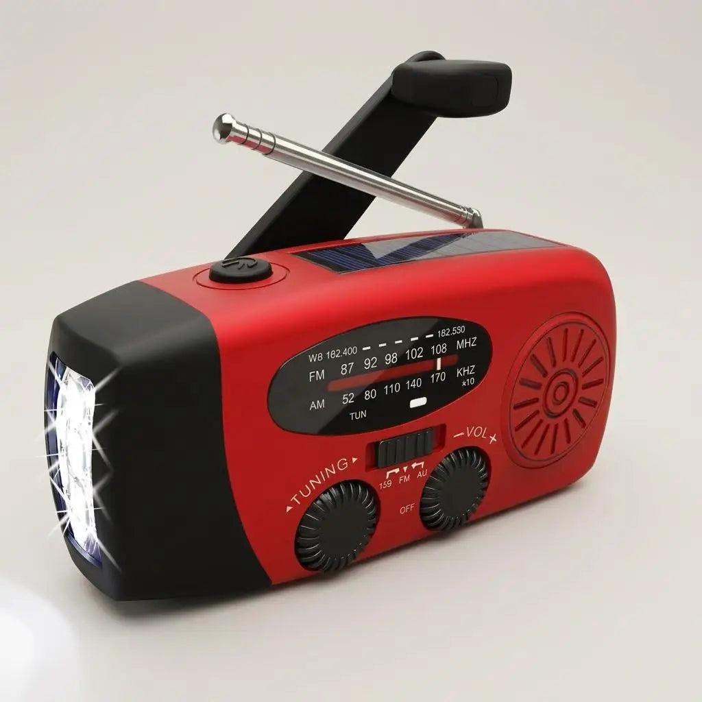 Emergency Solar Hand Crank NOAA Weather Radio - 2000mAh Power Bank, AM/FM/WB, LED Flashlight - Red Survival Radio for Preppers