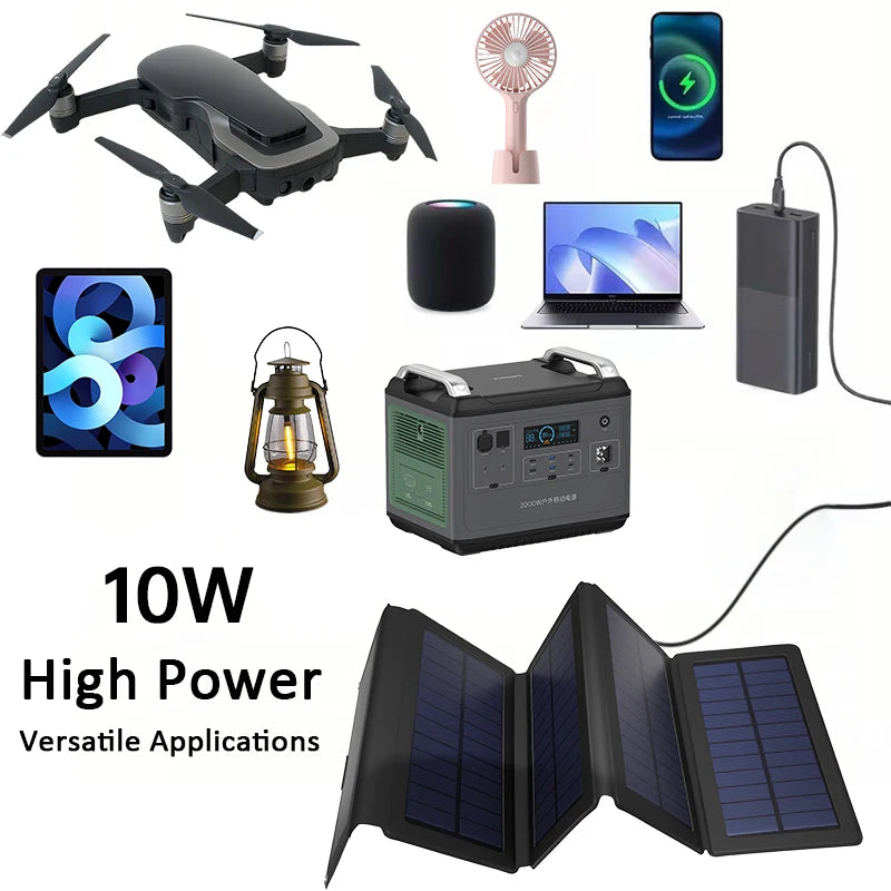 A 10W portable power station bundle shown with various compatible devices and accessories on a white background, including a drone, tablet, laptop, smartphone, fan, lantern, power bank, smart speaker, and foldable solar panels. Text on the image reads '10W High Power Versatile Applications'.