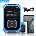 Nuclear radiation detector with USB cable and packaging on a blue background