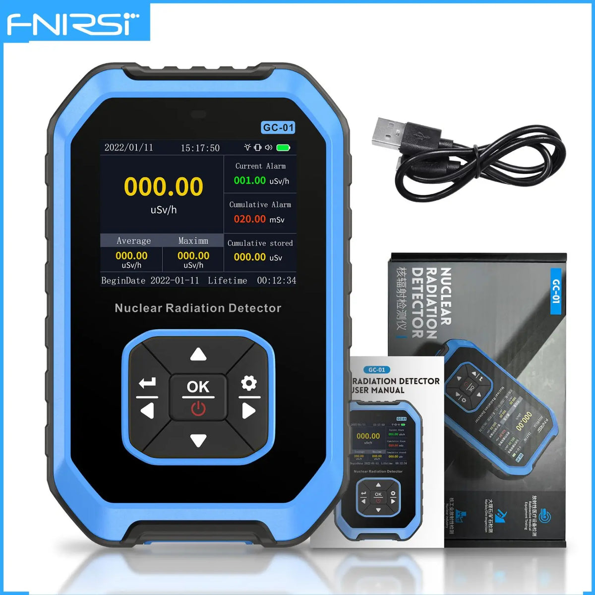 Nuclear radiation detector with USB cable and packaging on a blue background