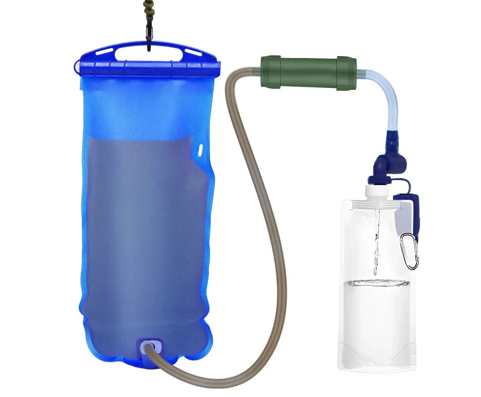 Blue water bladder with hose and clear bottle on a white background